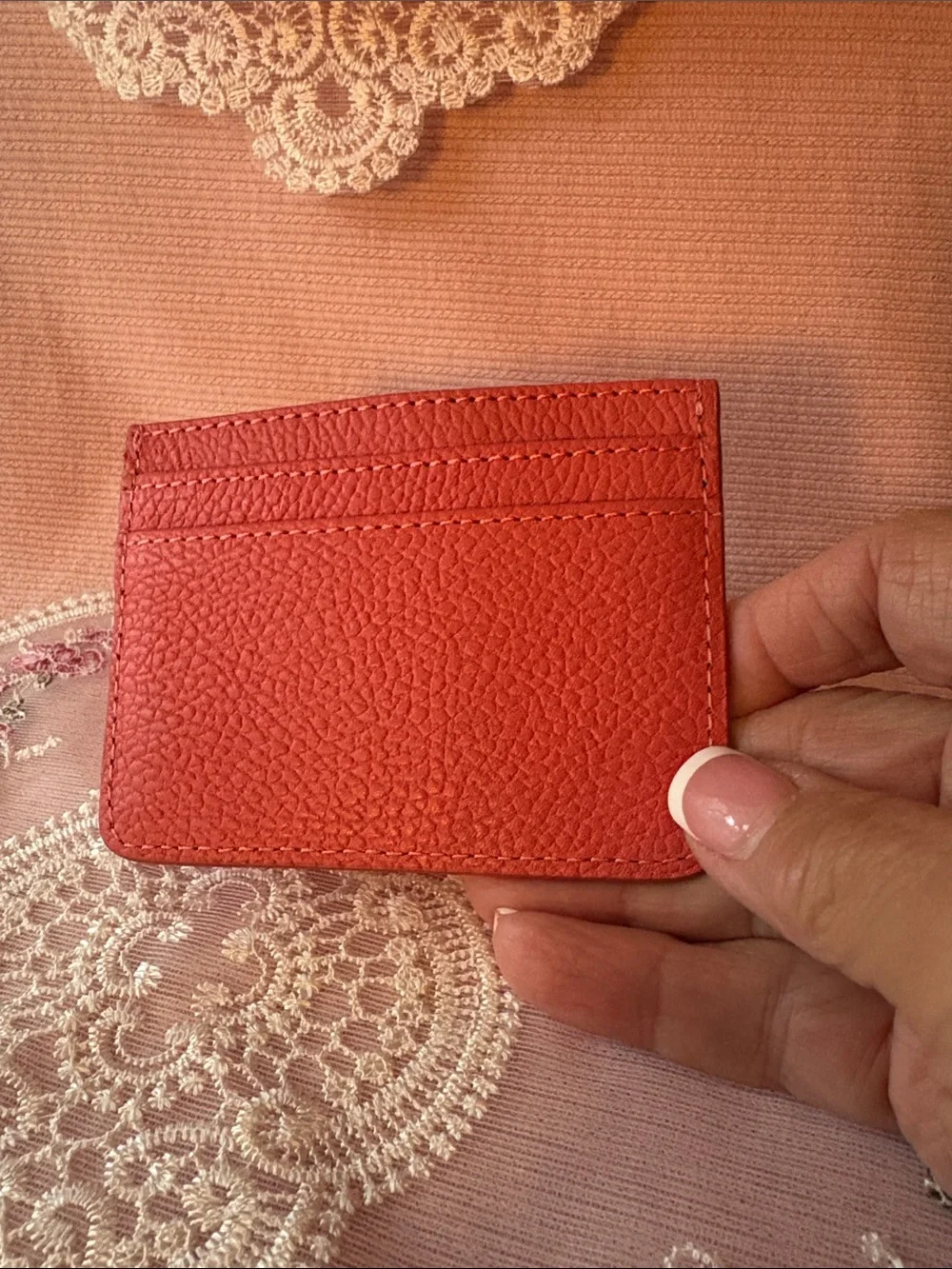 Pom Pom Coral Card Holder - Slim Leather Wallet